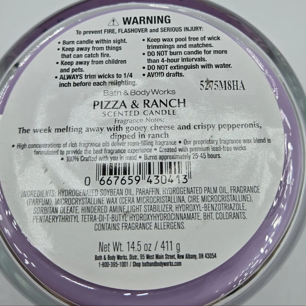 Bath and Body Works Pizza and Ranch 3 wick Candle